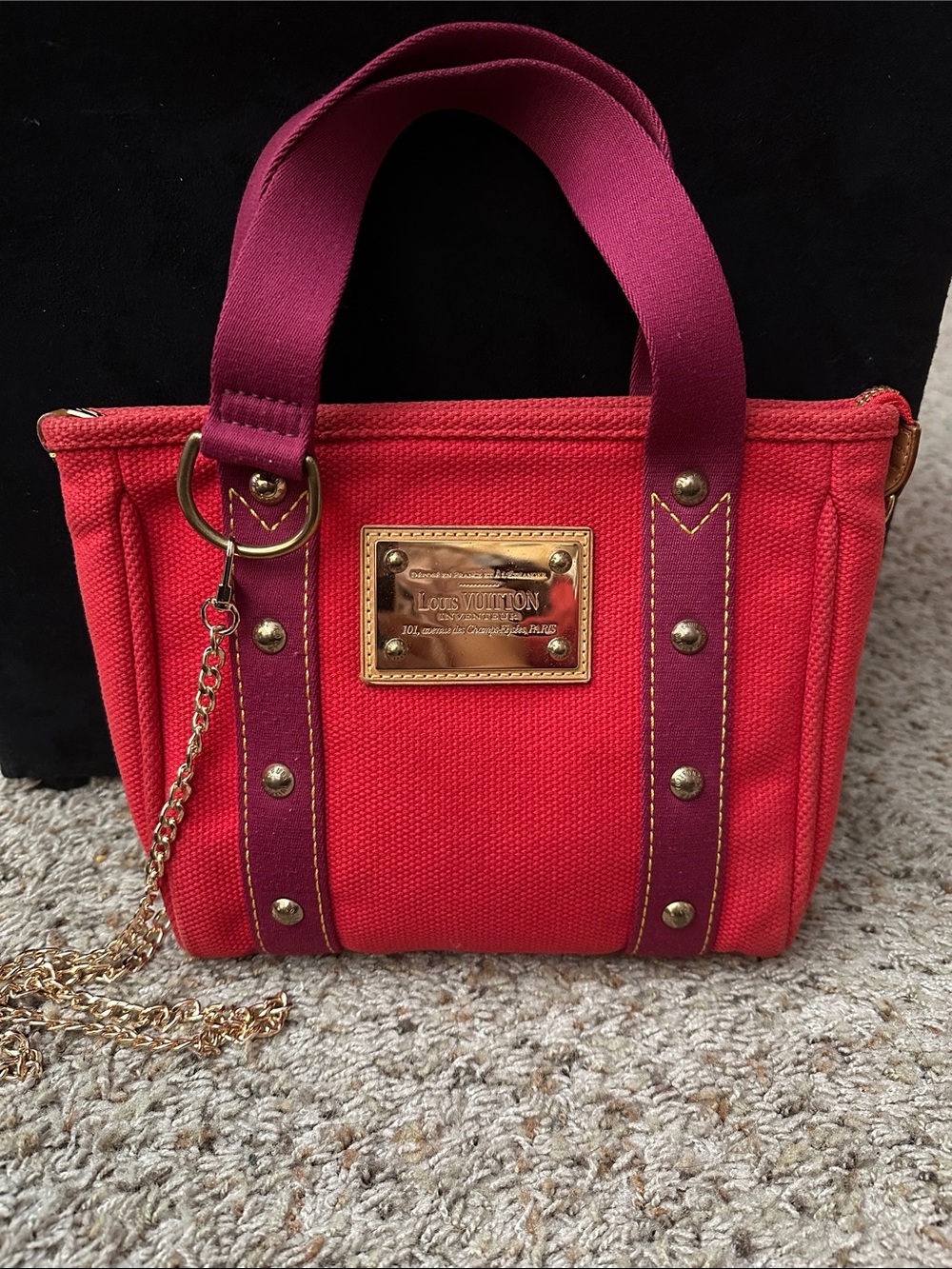 Louis Vuitton Red Canvas Mini Tote with Burgundy Accents and Gold Hardware